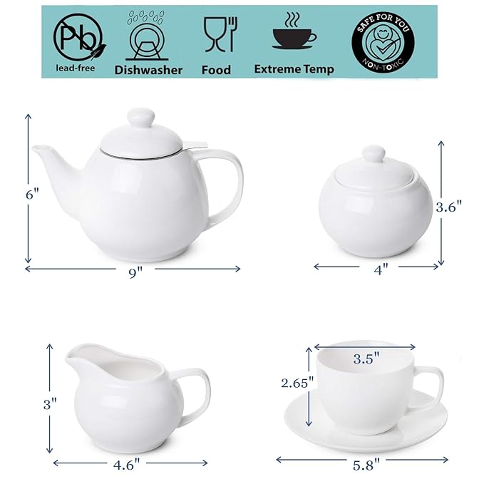 BTaT Royal Tea Set - 4 Porcelain Tea Cups (8oz), Pot (32oz), Creamer & Sugar Set