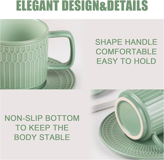 8oz Cappuccino Cups with Saucers Set of 4, 8 Ounce Stackable Embossed Ceramic Coffee Mugs for Specialty Coffee Drinks, Latte Mugs, Cafe Mocha and Tea, Dishwasher & Microwave Safe (Mix)