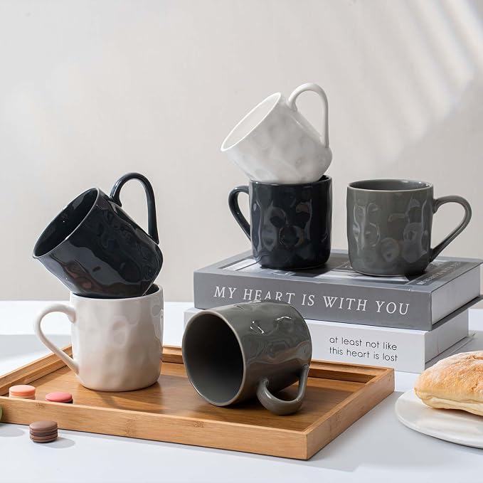 Porcelain Coffee Mugs, Set of 6, 12oz, Dark Blue, White, Grey | Hand-Pinch Textured Ceramic, Microwave & Dishwasher Safe, Non-Toxic, Stylish Gift