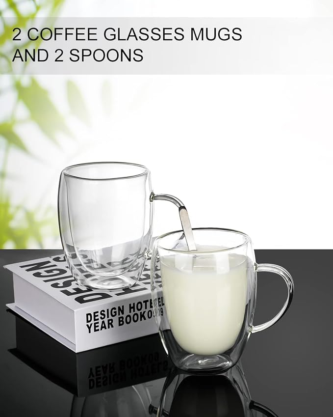 LIBWYS 12oz Double Walled Coffee Cups Glasses Mugs, Espresso Cappuccino Latte Tea Cups with Handle 350ml (2x350ml)