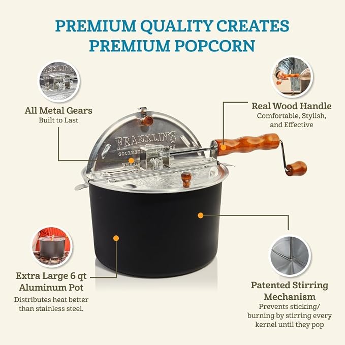 Franklin's Gourmet Popcorn - Movie Night Bundles - Stovepop Popcorn Maker, 28 oz Classic Popcorn Kernels, 19 oz Butter Flavored Salt, 30 oz Butter Flavored Coconut Oil