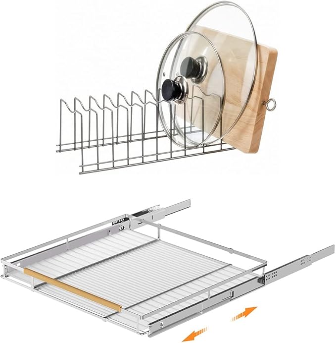 SANNO Pot Lid Organizer Pot Lid holder, Pots and Pans Organizer Drawer Plate Organizer Expandable Pull Out Drawer Organizer and Storage, Cabinet Pots Pans Organizer Sliding Shelf Under Sink Shelf,