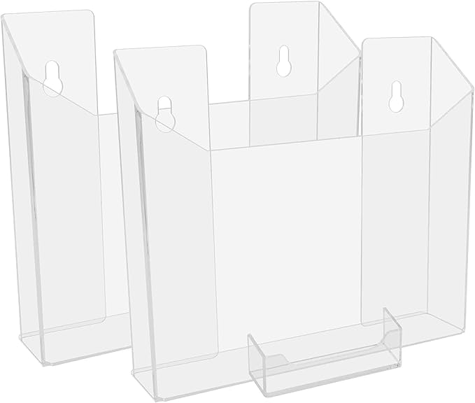 Marketing Holders 2 Pack Brochure Holder for 8.5" Wide Catalogs and 3.5" x 2" Business Cards Clear Acrylic Wall Mount Display Rack for Retail and Office and Flyers Hanging Hardware Included