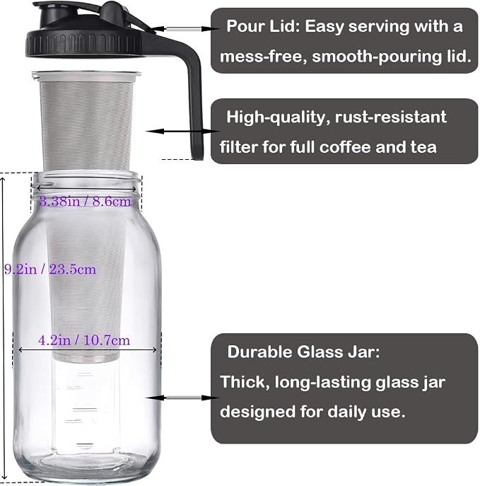64 oz (2 Quart), Black Cold Brew Coffee Maker, Iced Tea Machines, Thick Glass with Pour Spout Handle Lid, Stainless Steel Filter for Iced Coffee, Fruit Drinks or Sun Tea (1)