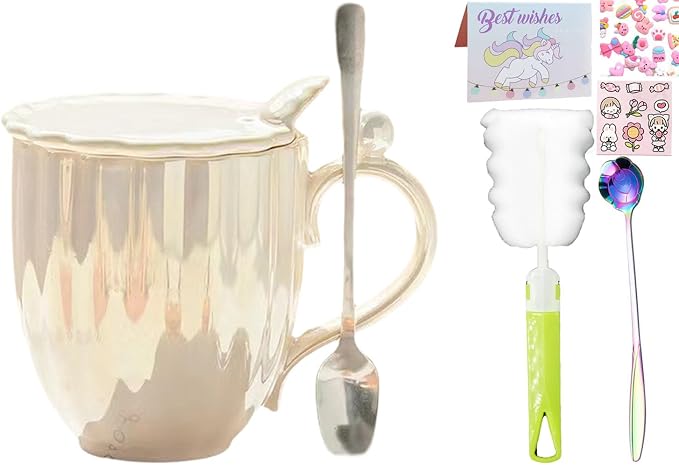 Pearl Ceramic Coffee Mug for Tea Latte Milk Cute Love Shape Cup for Home Office Women Gift 6.5 oz (Shell White, 420 ml)