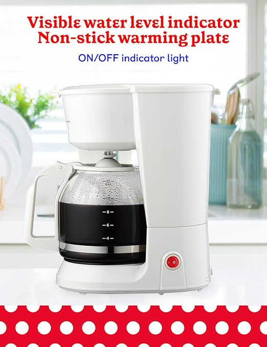 Betty Crocker 12-Cup Drip Coffee Maker with Heat Resistant Glass Carafe, Removable Permanent Nylon Filter, Pause & Pour, Water Level Gauge, Non-Stick Warming Plate, BC-5729W, White