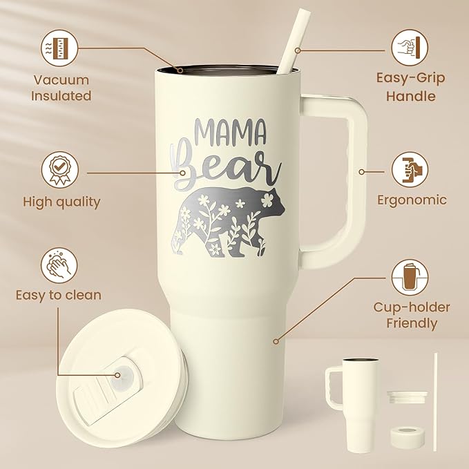 Mom Tumbler with Handle 40oz, Mama Bear Cup Stainless Steel Insulated Tumblers Coffee Travel Mug, Gifts for Moms from Daughter Son, Best Mother Gift for Christmas Birthday Mothers Day