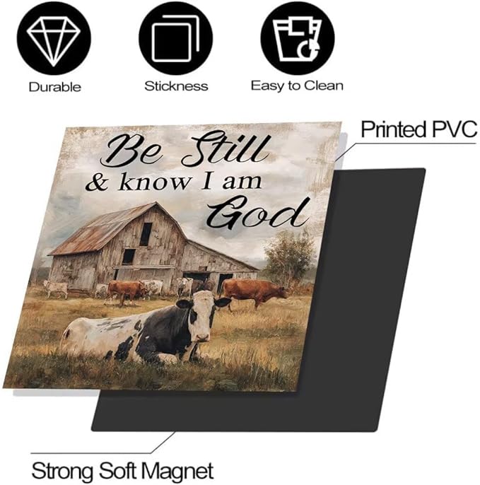 Farmhouse Cow Magnetic Dishwasher Cover,Wood Grain Front Door Dishwasher Magnetic Cover,Washing Machine Magnet Cover Decor Keep Quiet and Know I Am God Text Panel Decal,23"x26"