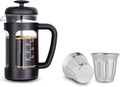Easyworkz French Press 12 oz, Bundled Stainless Steel Double-Wall Espresso Cups 5 oz Set of 2, Vertical Stripe Design, Chrome