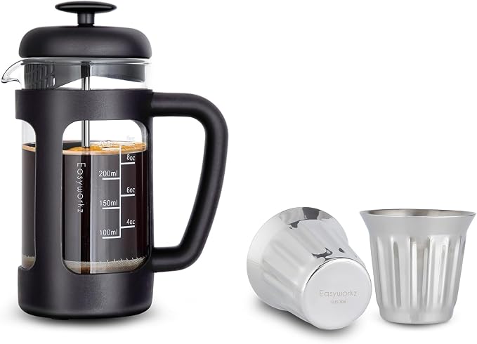 Easyworkz French Press 12 oz, Bundled Stainless Steel Double-Wall Espresso Cups 5 oz Set of 2, Vertical Stripe Design, Chrome