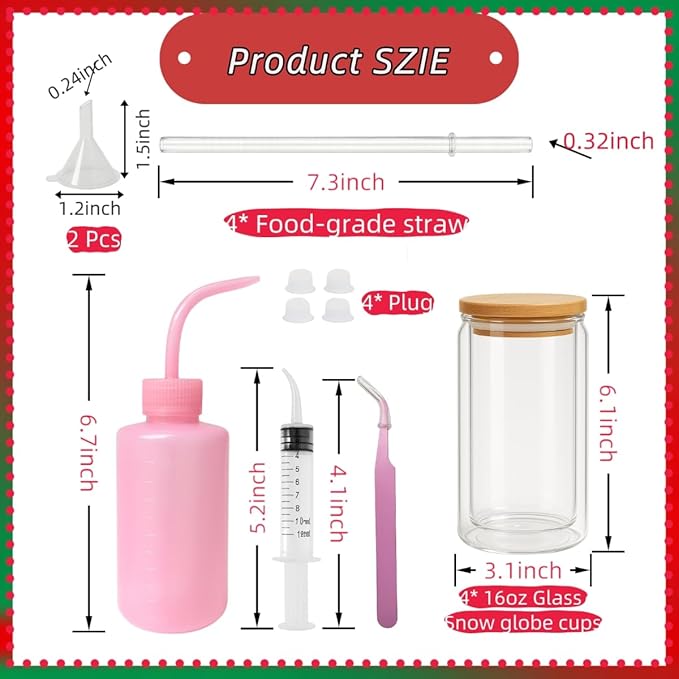 SIECCY Snow Globe Tumbler Kit – 4 Pack 16oz Snow Globe Cups, Pre-Drilled Double Wall Glass, Bamboo Lids, Straws, 13 Glitter Colors, Funnels, Bent Syringe, UV Resin