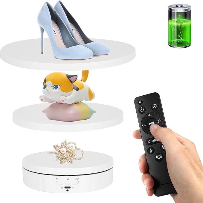Remote Motorized Rotating Display Stand, Electric Rotating Platform with 5.74/7.08/8.66in Replacement Covers, 3 in 1 Turntable with Rechargeable Battery for Live Streaming Video Shoot Photography