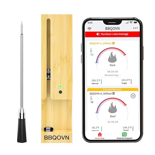 BBQOVN Smart Wireless Meat Thermometer Zero Wire with APP Remote Bluetooth Meat Thermometer, Food Thermometer for Remote Monitoring of BBQ Grill, Oven,Smoker,Pan (1, Black, Small)