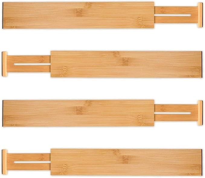 Utoplike 4 pcs Bamboo Kitchen Drawer Dividers(16.8-21.8IN) and Bamboo Cutlery Tray Silverware, Drawer Dividers for Kitchen Utensils