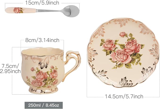 YOLIFE Tea Cup and Saucer Set, 8 oz Tea Cup Set, Teacup, Ceramic Tea Cup with Saucer Spoon, Ivory Vintage Pink Rose Floral with Gold Leaves Trim, Gifts for Women