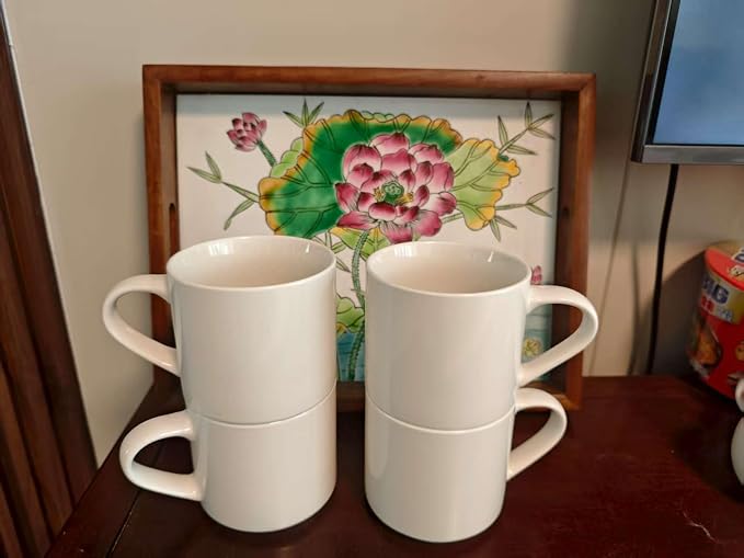 15 OZ Stackable Coffee Mugs Set, Ceramic Coffee Cups with morandi color for Au Lait, Cappuccino,Latte,Cafe,Mocha,Tea, Suit Party Housewarming Wedding, Set of 4, Dishwasher&Microwave Safe, White