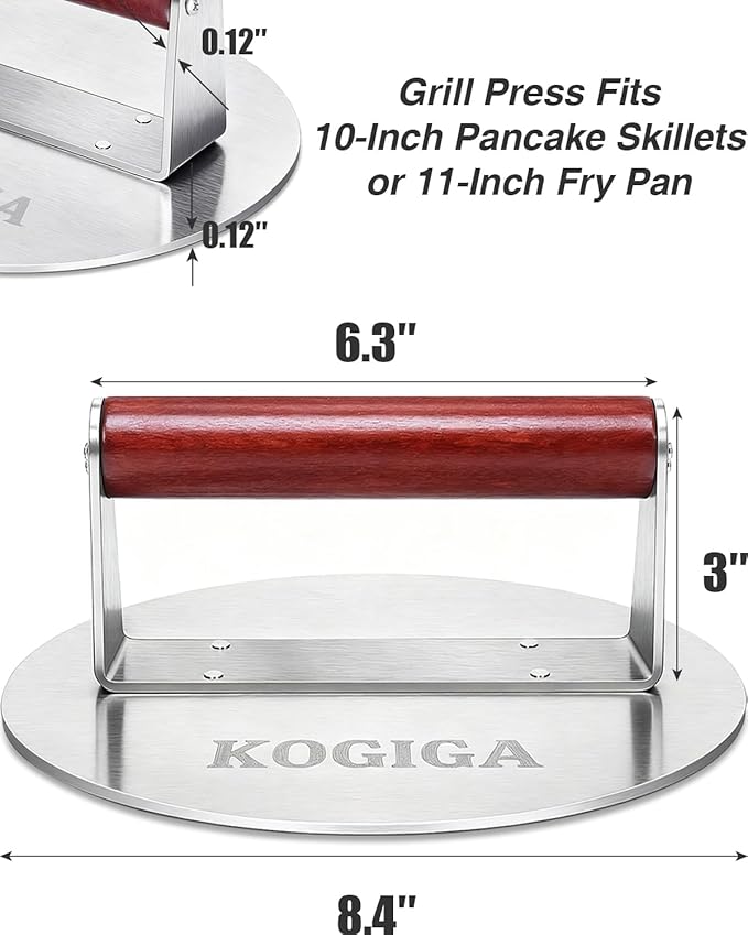 Smash Burger Press 2.5LB Heavy Duty - 8.5 Inch Stainless Steel Burger Smasher Tool with Wood Handle - Professional Grill Press & Steak Weight for Griddle, Perfect Smashburgers, Bacon, Panini