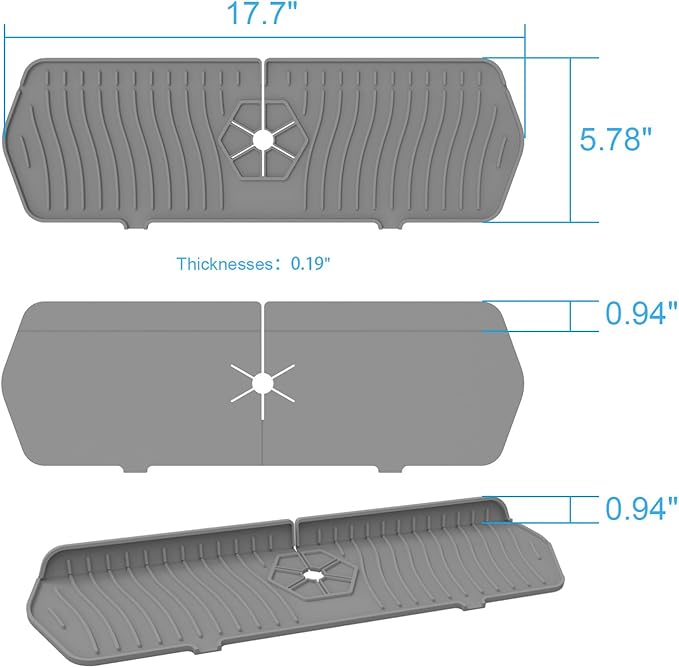 Sink Drain Mat Behind Faucet,Faucet Guard Draining Mat, 90° Foldable Tap Draining Mat for Kitchen Sink with 2 Water Ports, Faucet Drain Mats for Kitchen, Bathroom, etc (Gray, 17.7"*5.78")