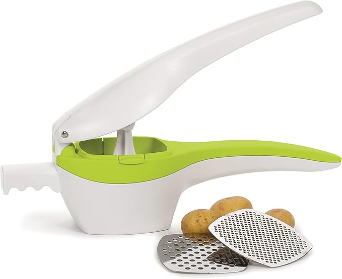 RSVP International (SPUD) Potato Ricer, White/Green | Mash Potatoes, Fruits, Vegetables & More | Includes Medium & Coarse Plates | Pot Resting Extension | Dishwasher Safe