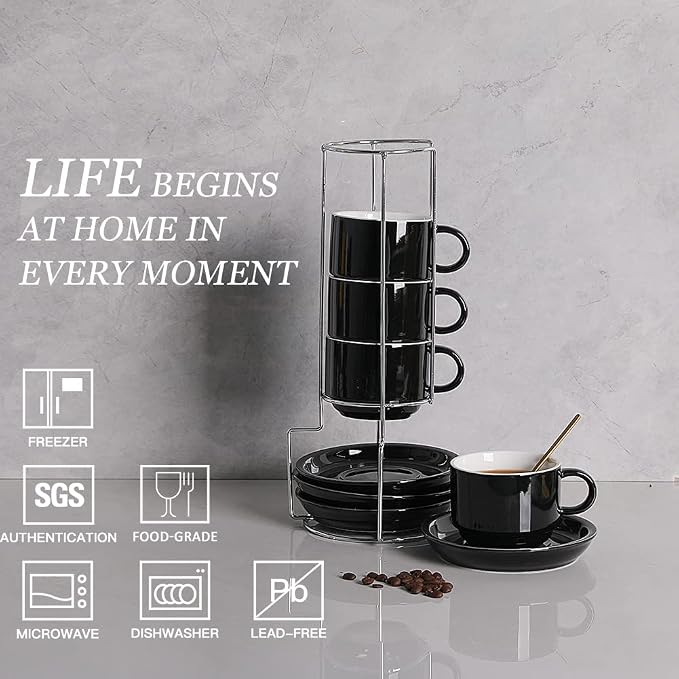 Sweejar Porcelain Cappuccino Cups with Saucers and Metal Stand, 8 Ounce Stackable Espresso Cups for Specialty Coffee Drinks, Latte, Americano, Tea - Set of 4 (Black)