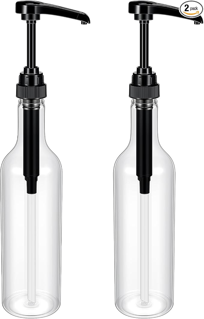 Maxdot 2 Pcs 25 oz Syrup Bottles with Pump Long Neck Bottles Plastic Syrup Pump Dispenser for Coffee Bar Accessories Home Party (Black)