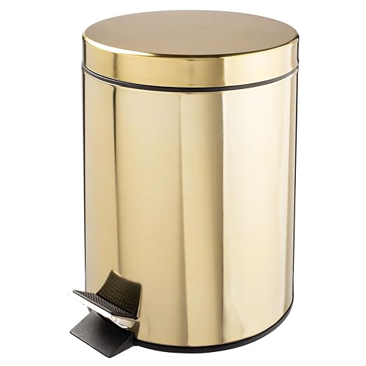 mDesign Small Modern 1.3 Gallon Round Metal Lidded Step Trash Can, Compact Garbage Bin with Removable Liner Bucket and Handle for Bathroom, Kitchen, Craft Room, Office, Garage - Soft Brass, 5 liter