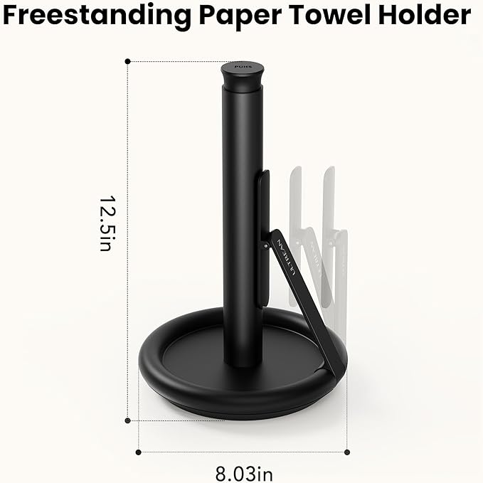 Ultrean Paper Towel Holder with Spray Bottle, Countertop Freestanding Paper Towel Dispenser with Spring-Loaded Tension Arm for One-Handed Tear, Weighted Base, Stainless Steel for Kitchen, Black