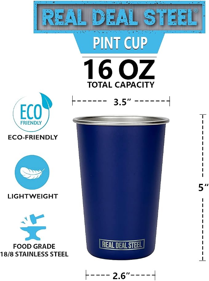 Real Deal Steel Party Pints: 16 oz Pint Cups, Stackable Tumblers, Eco Friendly Premium Metal Drinking Glasses