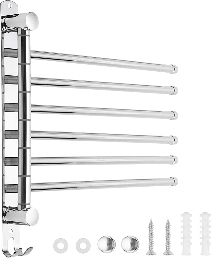 6-Arm Swivel Towel Bar, 180°Rotating Towel Rack Wall Mounted, 304 Stainless Steel Rustproof Heavy Duty Towel Holder for Bathroom Kitchen Laundry Room, Space Saving, Brushed Nickel Finish
