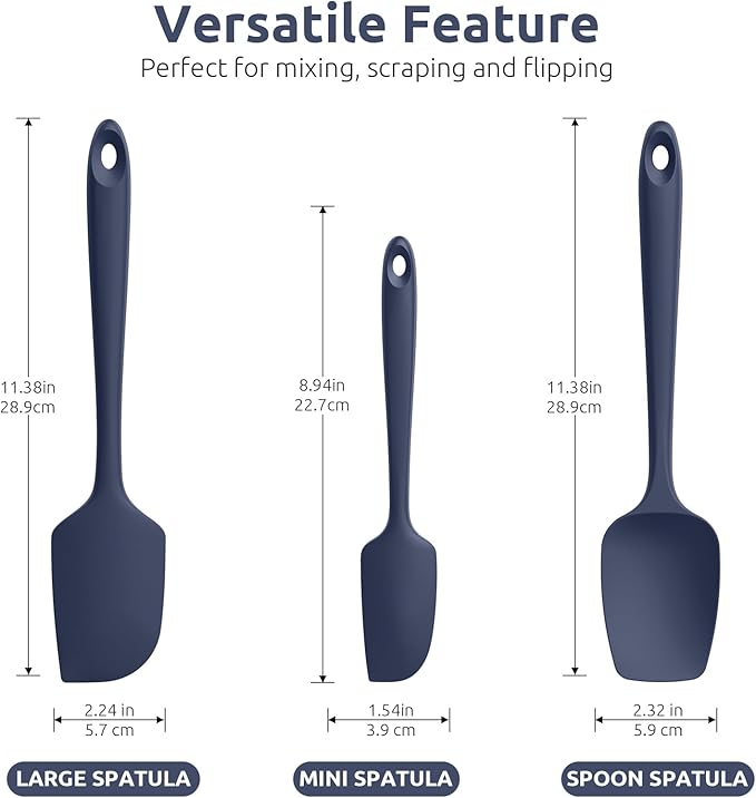 U-Taste Silicone Spatula Set, 600ºF High Heat Resistant, Seamless Food Grade Flexible Rubber Kitchen Cooking Mixing Baking Scraper for Nonstick Cookware Set of 3 (Midnight Blue)