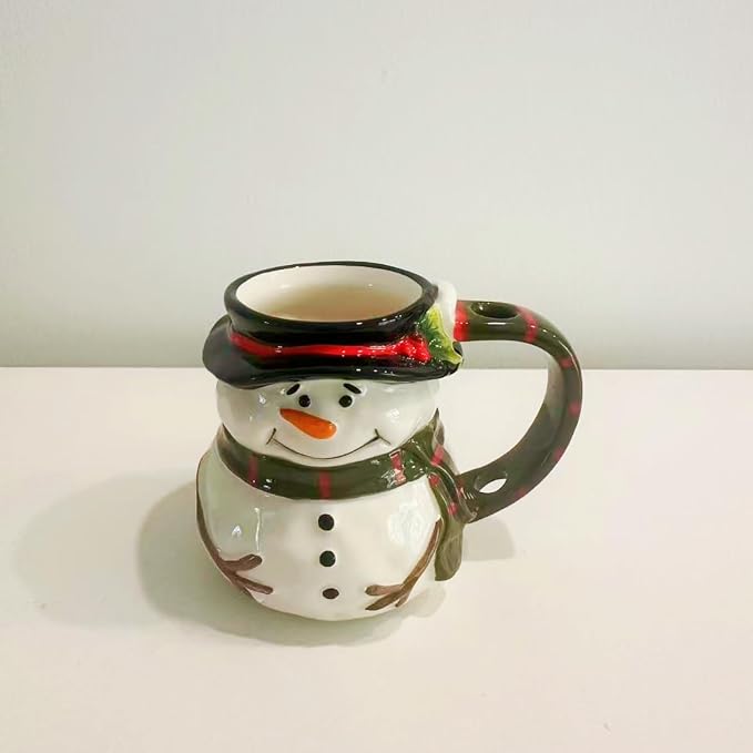 Ceramic Christmas Tea Cup and Saucer Set ，220ML(7.5OZ) 3D Hand-painted Christmas Snowman Coffee Mug，Rectangular Saucer, Spoon