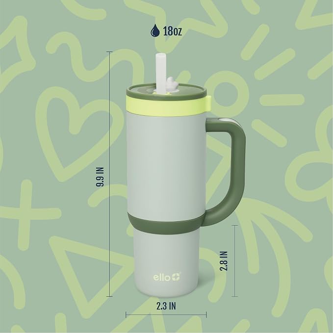 Ello Oasis 18oz Stainless Steel Kids Tumbler with Handle & Retracting Straw, 100% Leakproof, Double-Wall Vacuum Insulated, Kids Water Bottle for School, BPA Free, Dishwasher Safe, Avocado