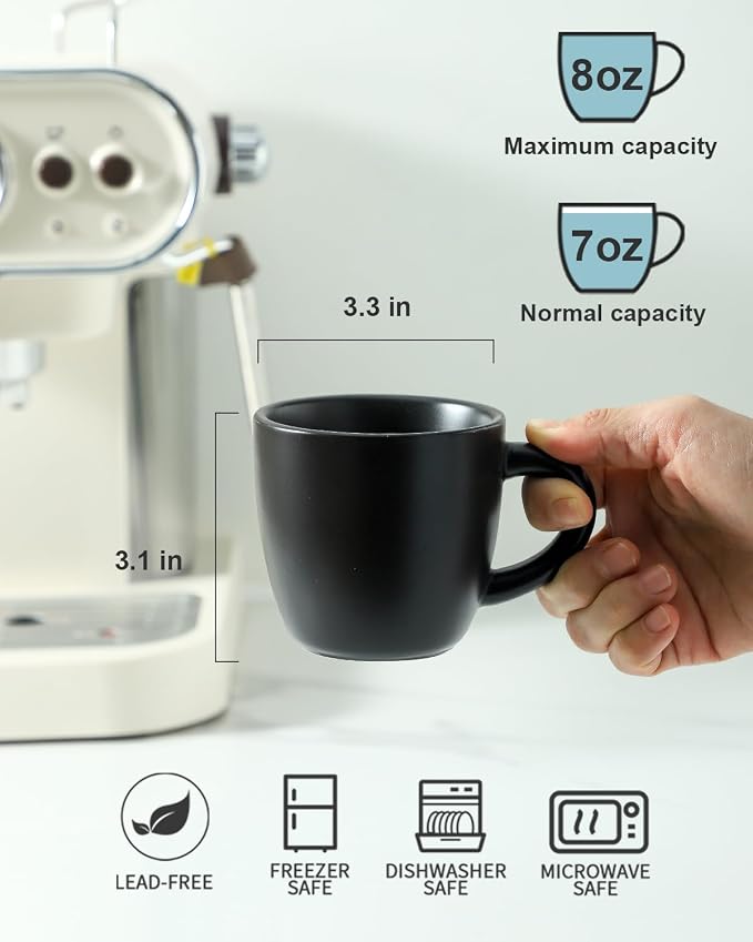 HASENSE 7OZ Espresso Cups,Ceramic Cappuccino Cups Set of 4 with Handle, Demitasse Cups Set for Double shot, Latte, Americano, Cafe Mocha and Tea, Espresso Cups for Home and Office, Black