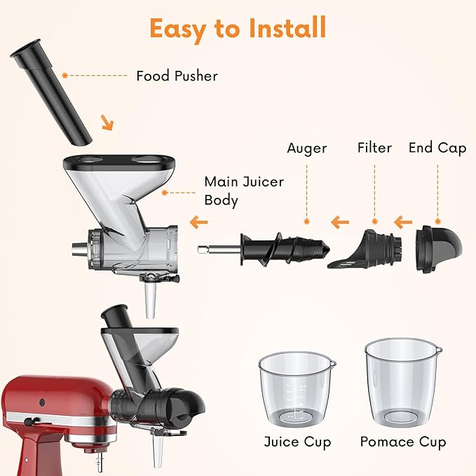 Masticating Juicer Attachment for KitchenAid Stand Mixer, Cold Pressed Juicer Machine, Slow Juicer Attachment with Dual Feed Chute and Pusher