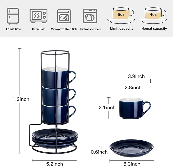 Espresso Cups Set of 4, 4oz Stackable Coffee Cups with Saucers and Metal Stand, Blue Demitasse Cups, Expresso Shots Cup Set