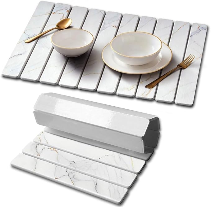Stone Drying Mat for Kitchen Counter, Quick Diatomaceous Earth Mats for Dishes, 23.6"L x 15.7" W Super Absorbent Fast-Drying Collapsible Countertop Stone Mat (Marble Gold White, 24" x 16")