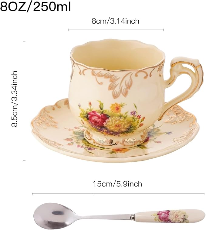 Tea Cups and Saucers Set of 4, 8 Oz Ivory Floral Porcelain Teacup and Saucer Set with Gold Trim, Vintage Tea Cups with Spoon, European Style (Colorful Floral)