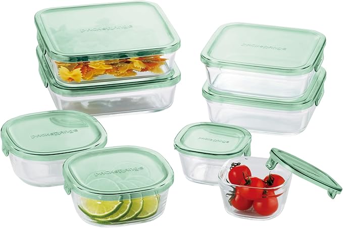 iwaki PS-PRN-8G Heat-resistant Glass Storage Containers, Green, Square Shape, Set of 8, Pack & Range