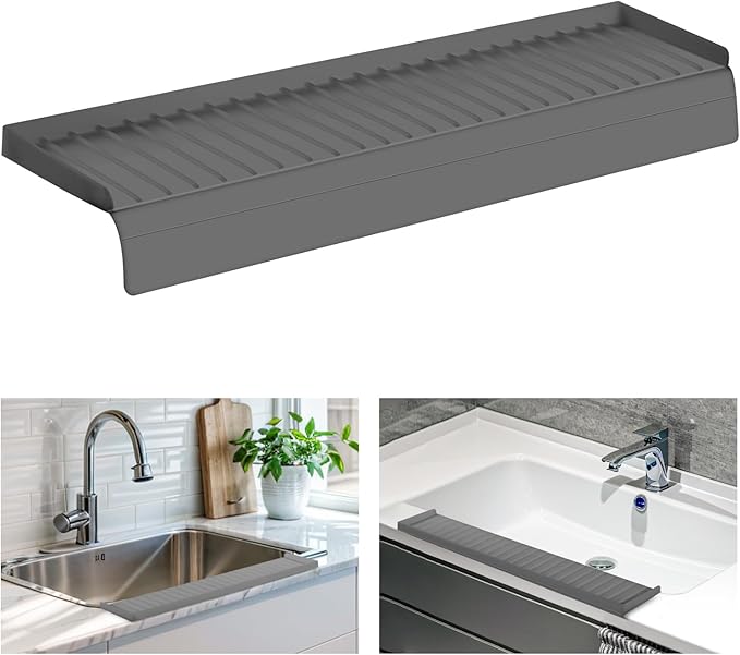 Sink Edge Protector with Suction Cup, 14" x 4", Silicone Sink Splash Guard for Kitchen & Bathroom, Protect Countertop from Scratches, Stains, for Stainless Steel Granite Quartz, Gray