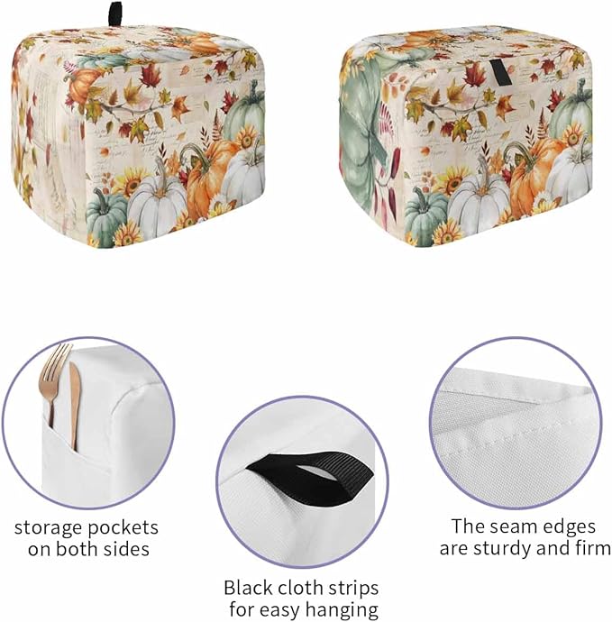 Green White Pumpkins Fall Toaster Cover 2 Slice, Thanksgiving Maple Leaf Dustproof Bakeware Oven Protector with Top Hook, Autumn Waterproof Small Kitchen Appliance Toasters Dust Cover, 12"x7.5"x8"