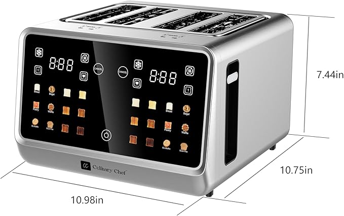 MAGNAVOX HOME, Culinary Chef 4 Slice Smart Toaster, Touchscreen, Wide Slots- Bread, English Muffins, Croissants, and Bagels, 5 Adjustable Toast Settings, Cancel/Defrost, 6 Bread Types & Shade Settings