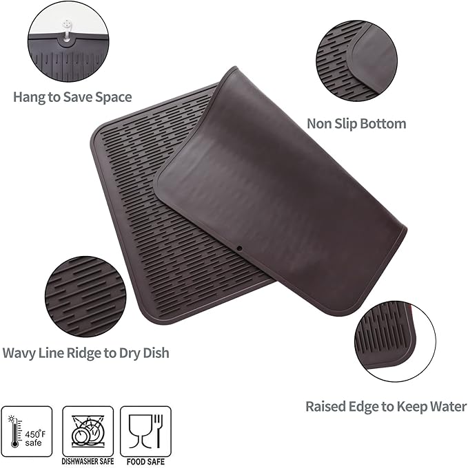 MicoYang Silicone Dish Drying Mat for Multiple Usage,Easy clean,Eco-friendly,Heat-resistant Silicone Mat for Kitchen Counter or Sink,Refrigerator or Drawer Liner Coffee 3XL 28 inches x 18 inches