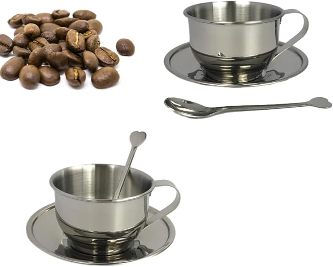8 Packs Stainless Steel Coffee Cups 5.75 Oz Coffee Mugs with Spoon and Saucer Espresso Cups Cups Mugs for Coffee, Latte,Tea, Milk