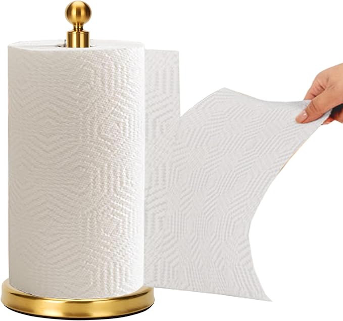 Gold Paper Towel Holder Countertop, Standing Paper Towel Roll Holder for Kitchen Bathroom, with Weighted Base for One-Handed Operation (Stainless Steel Base, Gold)