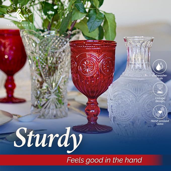 Red Goblets, Set of 6 Hand Crafted Red Colored Wine Glasses for lovers of red glassware, perfect for Valentines Day or Christmas Wine Glasses