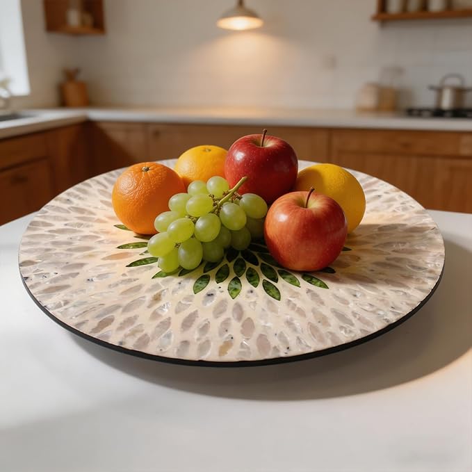 13.4" Mother of Pearl Lazy Susan, Table Centerpiece Round Shell Decorative Lazy Susan Turntable Rotating Tray Organizer for Cabinet Counter Gift Kitchen Office Cafe Home Decor (White Green)
