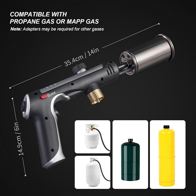 Propane Torch Gun, High-Heat Blow Torch with One-Touch Max Fire & Safety Lock, Adjustable Cooking Torch for Sous Vide, BBQ Grilling, Charcoal, Fireplace, DIY Projects (Tank Not Included)