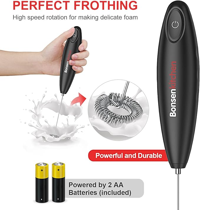Bonsenkitchen Milk Frother Handheld Battery Operated Electric Foam Maker, Drink Mixer with Stainless Steel Whisk for Cappuccino, Matcha (Silver+Black)
