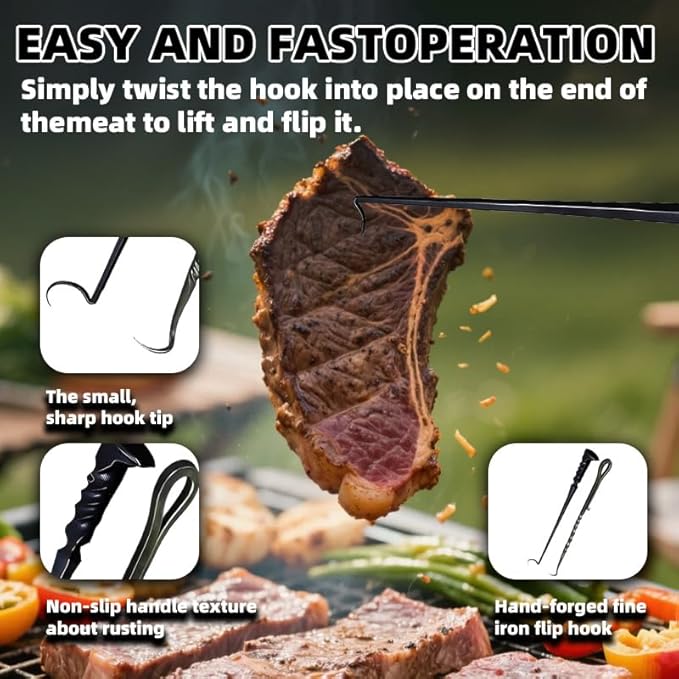 Meat Hook Flipper, Steak Flipper Hook, Pig Tail Meat Flippers, BBQ Food Flippers, Steak Turner Hook, Meat Turner Hooks,Turning Vegetables and Meats BBQ Grill (Right Hand A Iron)