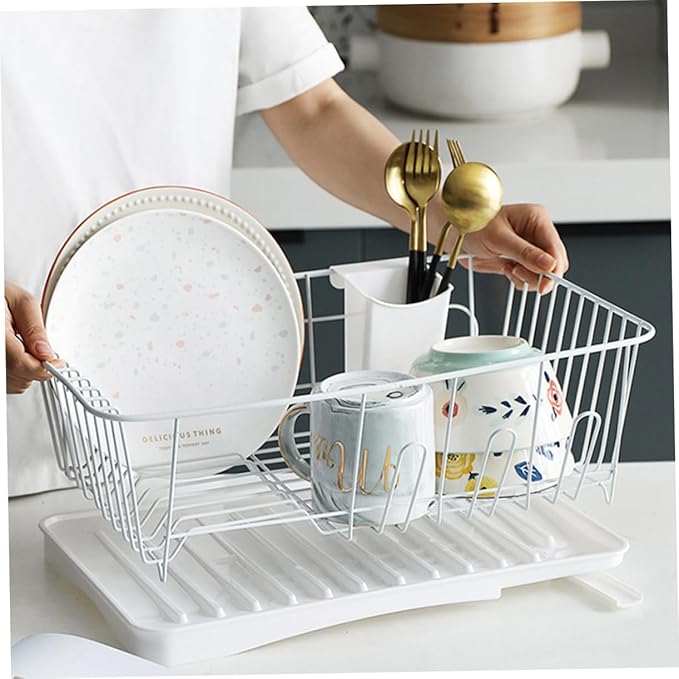 PRETYZOOM Dish Drying Rack Multi-Functional Kitchen Drainer Basket Premium Over Sink Drying for Easy Water Drainage and Stylish Organization White Iron Design